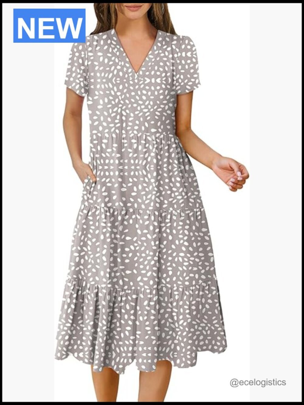 Women's V-Neck Short Sleeve Midi Dress Flowy A-Line Tiered T-Shirt Dress